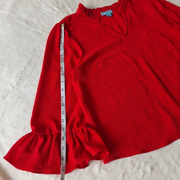 CeCe Womens V Neck Ruffle Collar Red Bell Flare Long Sleeve Holiday Blouse Large - Picture 6 of 8